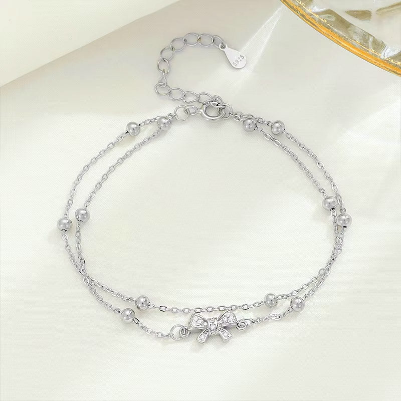 double layer 925 silver bow bracelet