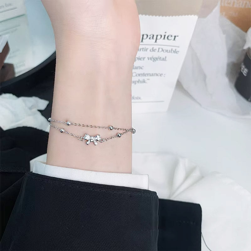 women double layer stacking 925 silver bracelet with bow