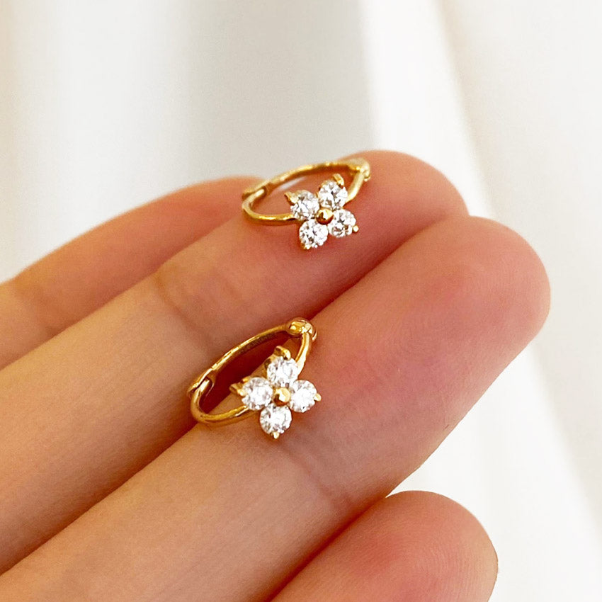 925 sterling hinge hoops 18k gold zircon four leaf clover earrings