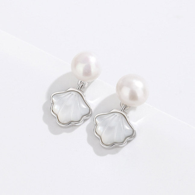 925 silver shell fan shaped freshwater pearl drop earrings