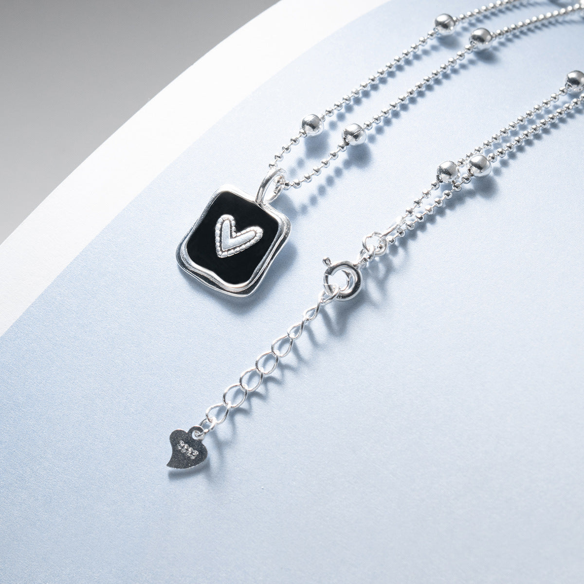 Wholesale 925 silver black heart square pendant necklace with adjustable bead chain clasp detail