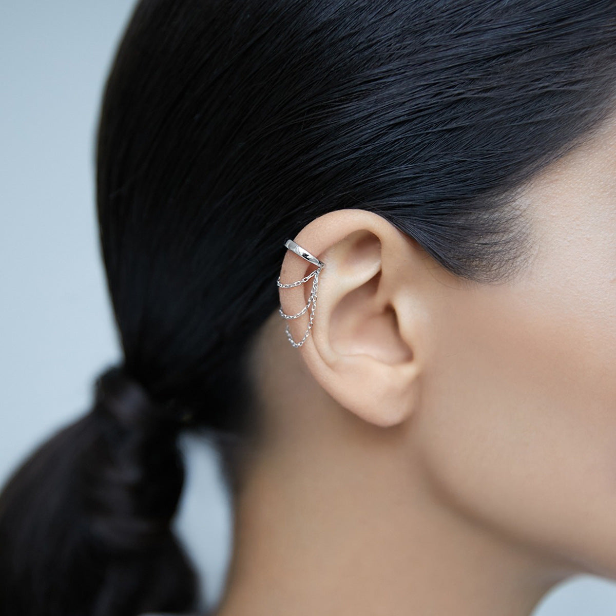 Wholesale 925 sterling silver chain ear cuff earrings, non-pierced clip-on single piece for women, minimalist jewelry style.