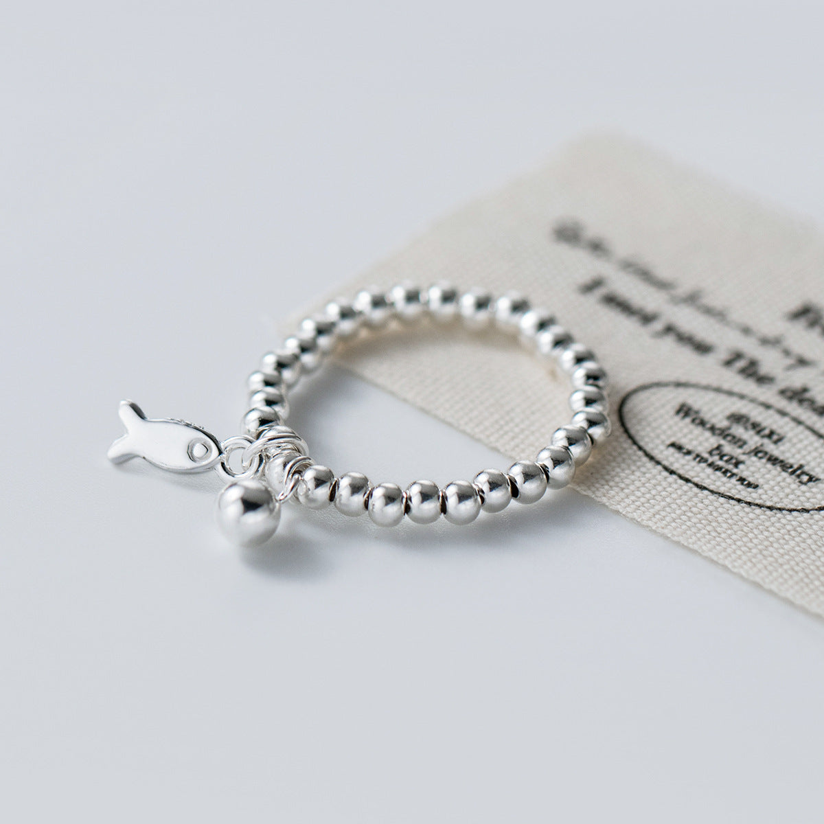 Wholesale 925 sterling silver beaded fish charm ring with CZ ball detail, minimalist everyday jewelry for women