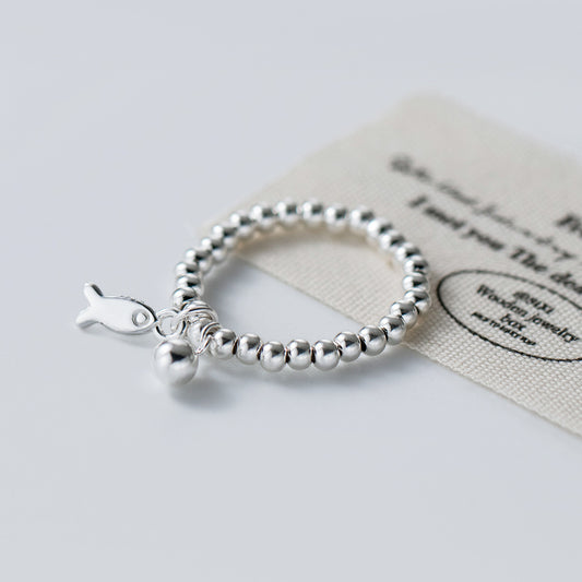 Wholesale 925 sterling silver beaded fish charm ring with CZ ball detail, minimalist everyday jewelry for women
