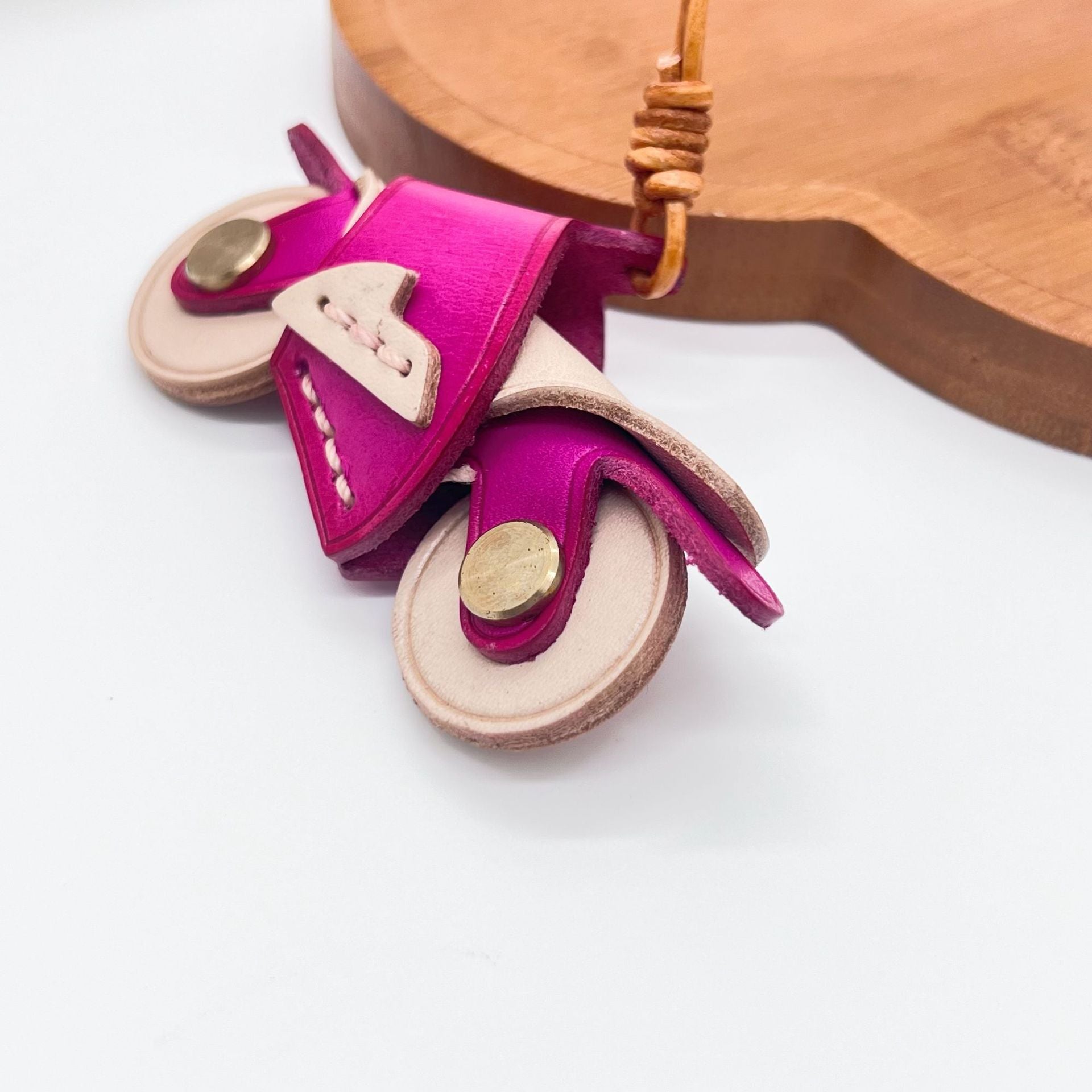 Cute Bag Accessories Cool Motorcycle Keychain in Pink Leather — Handmade Genuine Leather Bag Charm Gift Idea