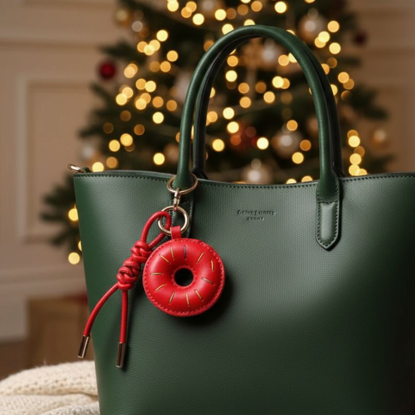 Red Leather Donut Bag Charm Wholesale Handmade Keychain for Handbag Decoration Christmas Gift Set Holiday Purse Accessories