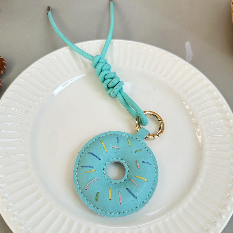 Blue Leather Donut Bag Charm Wholesale Handmade Leather Keychain for Car Rearview Mirror and Cute Gift for Women