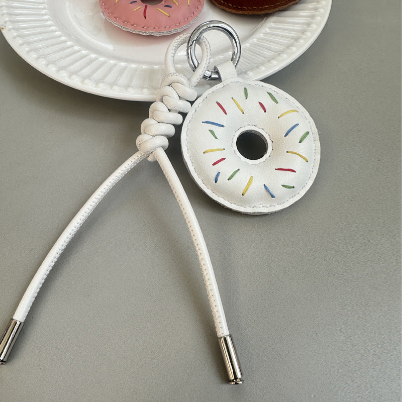 White Leather Donut Bag Charm Wholesale Handmade Leather Keychain for Handbag Decoration and Christmas Gift Set