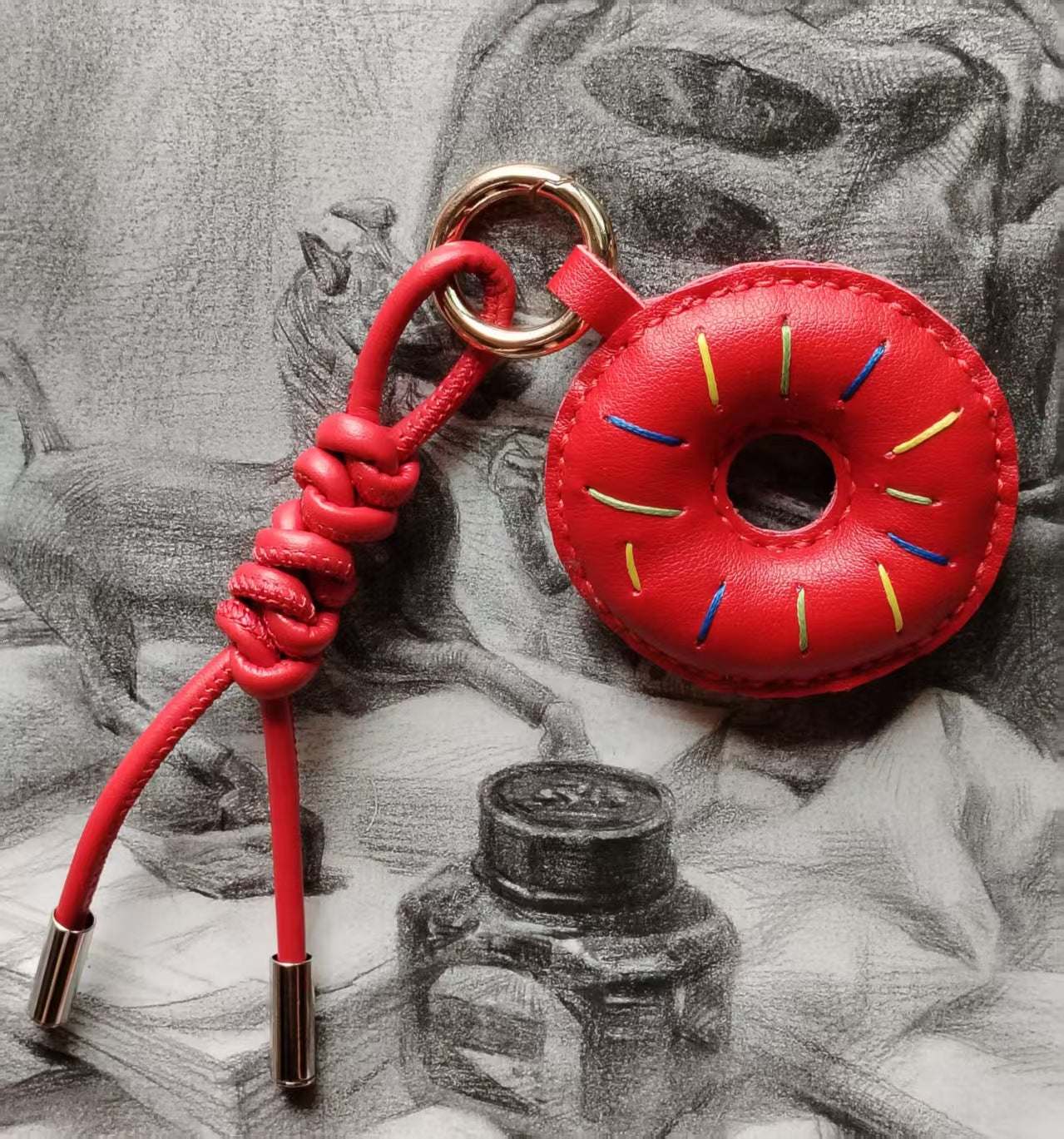 Red Leather Donut Keychain Handmade Bag Charm Wholesale Cute Gift for Women and Fashion Accessories Wholesale