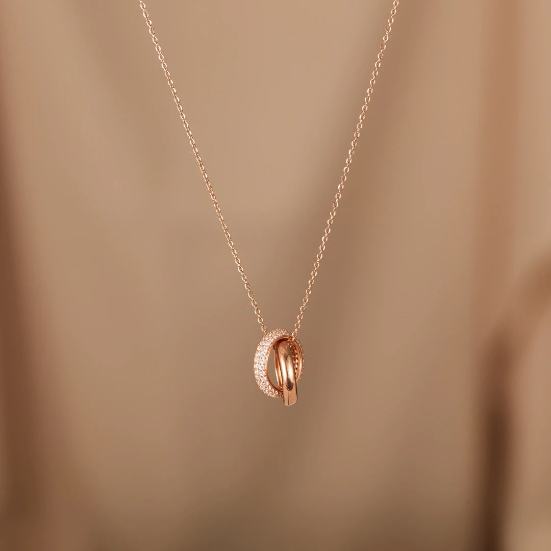925 Sterling Silver Double Circle Zircon Necklace rose gold plating
