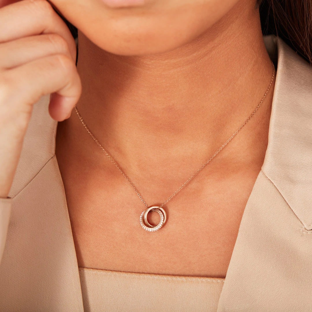 925 Sterling Silver Double Circle Zircon Necklace rose gold plating
