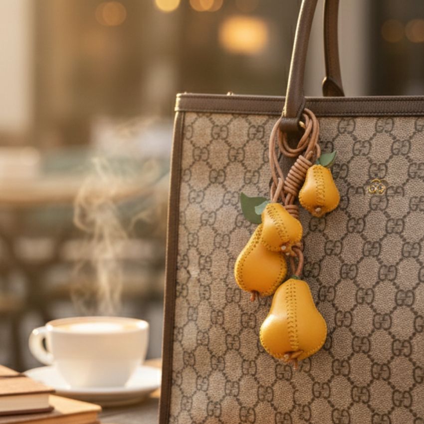 Red apple leather bag charm and handmade fruit keychain gift set, genuine leather charm for handbag decoration and car accessories