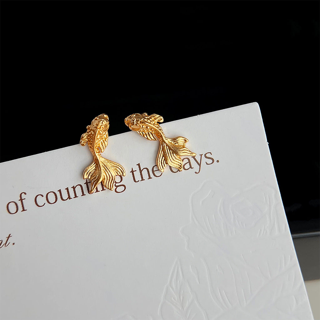 Gold koi fish earrings matte finish brass jewelry wholesale Chinese new year studs
