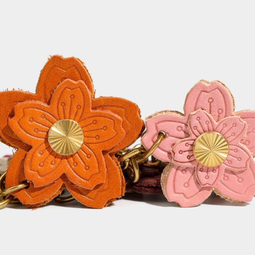 Pink and Orange Leather Sakura Flower Bag Charm – Handmade Keychain for Purse or Car Mirror Decoration
