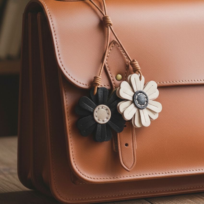 Black and white handmade leather sunflower keychain attached to brown handbag, fashion accessories wholesale item.