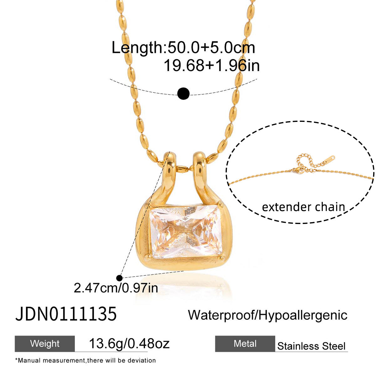 Zircon pendant necklace size and length guide showing adjustable extender chain