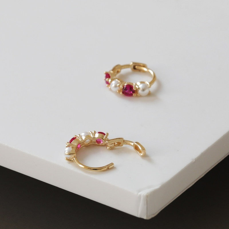 S925 sterling silver ruby pearl huggie earrings with 18K gold plating for wholesale jewelry sourcing and boutique resale collections
