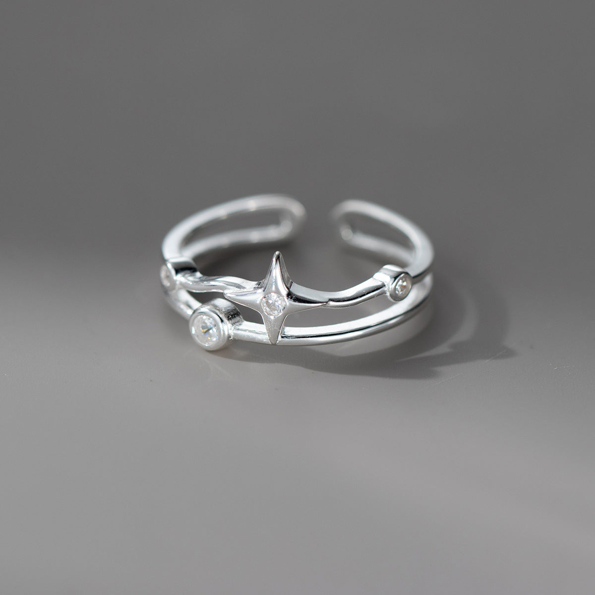 Close up of Cosmic North Star Ring showcasing double layer sterling silver design and zircon details