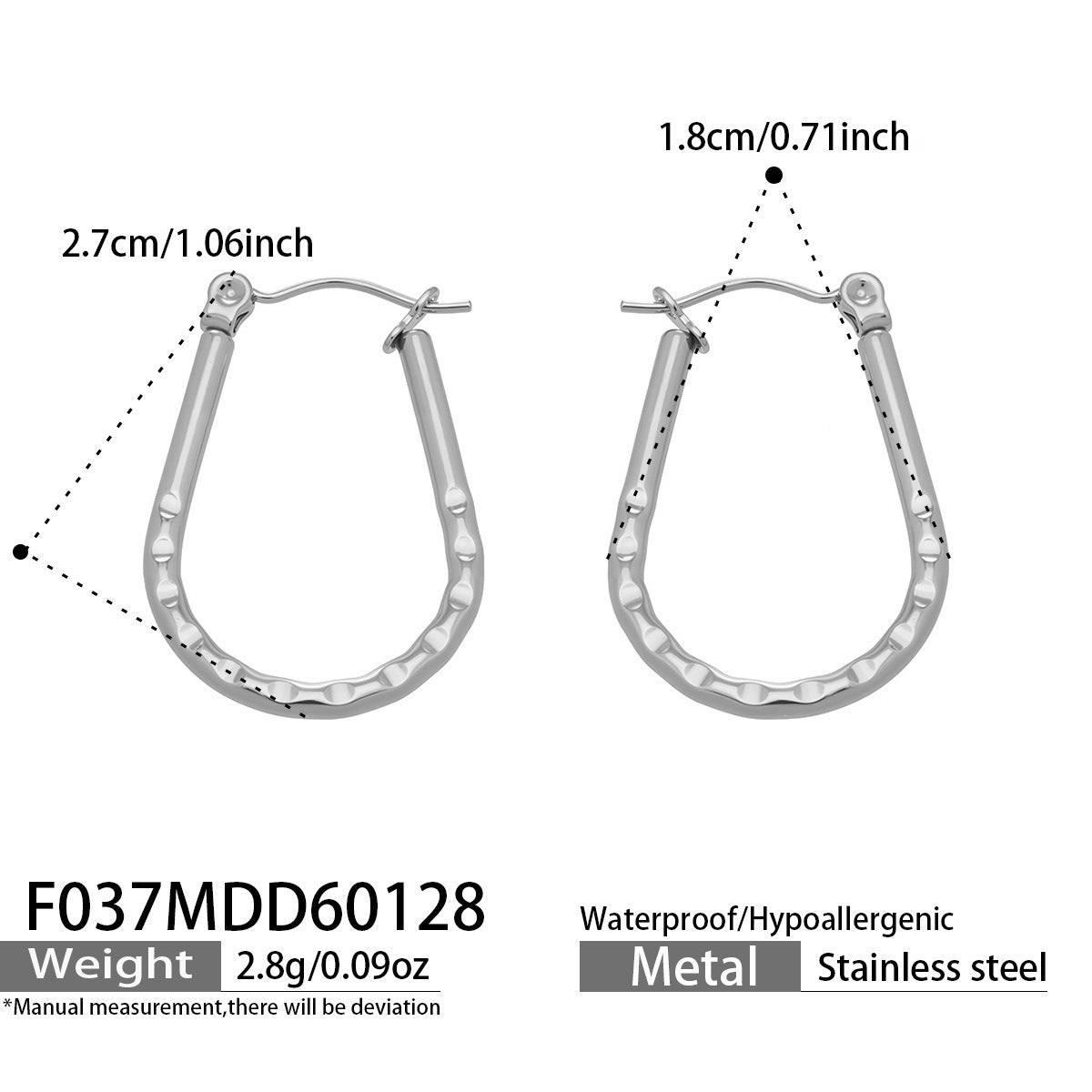 Textured U Shape Hoop Earrings Stainless Steel 18K Gold Plated 5 Pieces Set