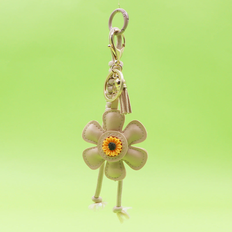 Sunflower keychain with tassel and strap beige wholesale
