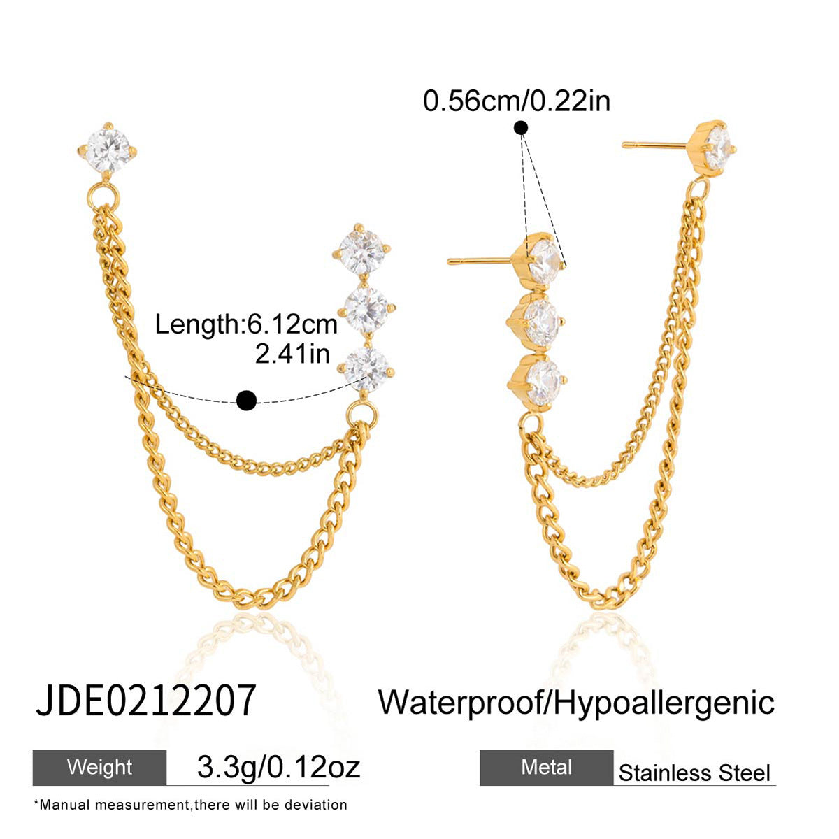 Detailed measurement and material specifications of 18K gold plated zircon chain earrings for wholesale.
