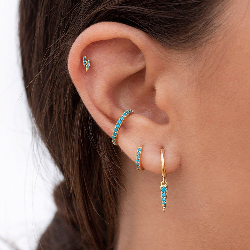 Model Wearing Curated Turquoise Earring Set with Lightning Stud and Ear Cuff