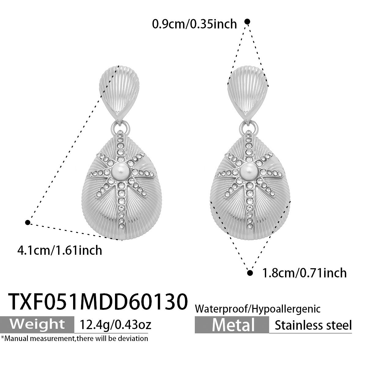 Measurement diagram for silver stainless steel star drop earrings highlighting hypoallergenic and waterproof features.