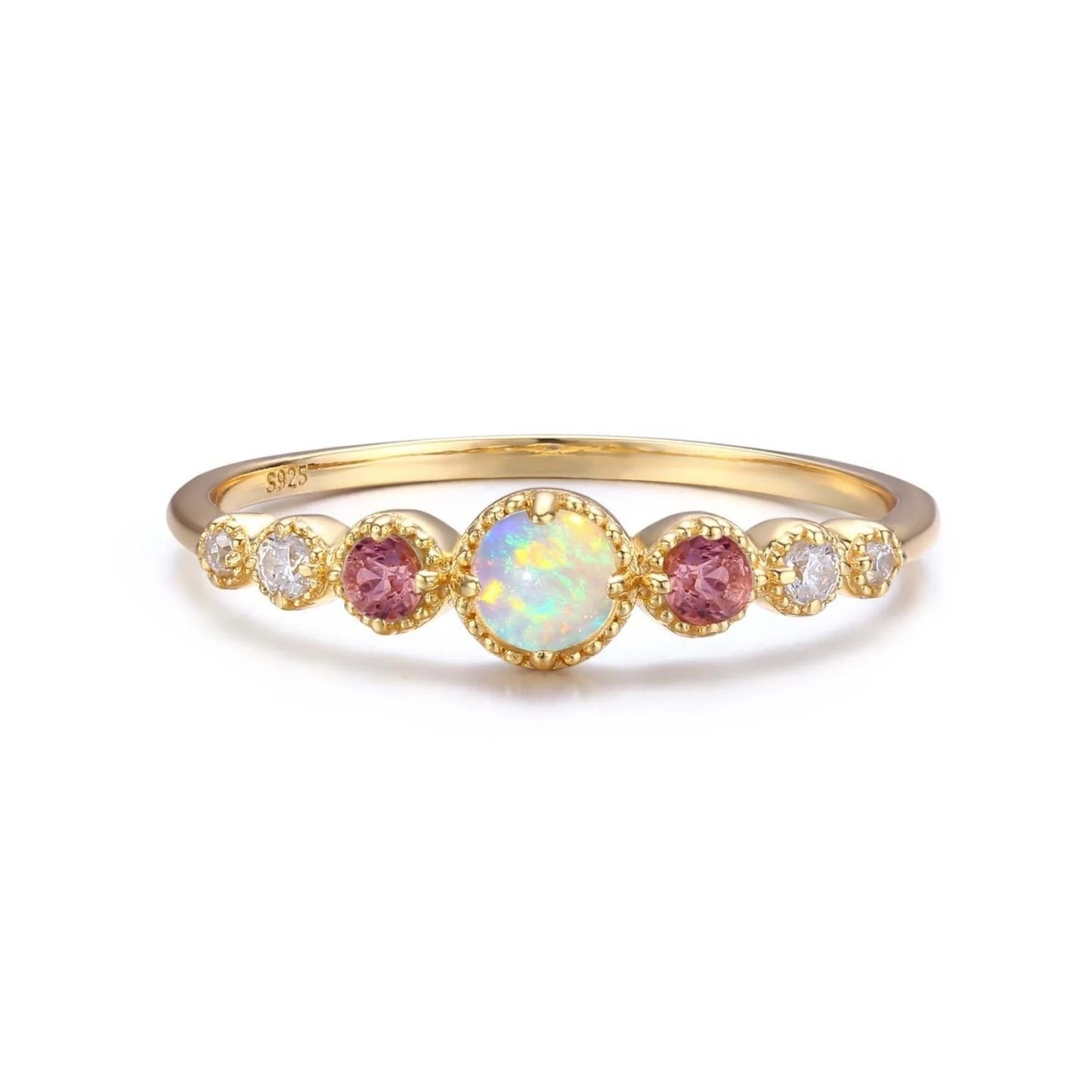White Opal and Pink Rhinestone 925 Silver Gold-Plated Ring