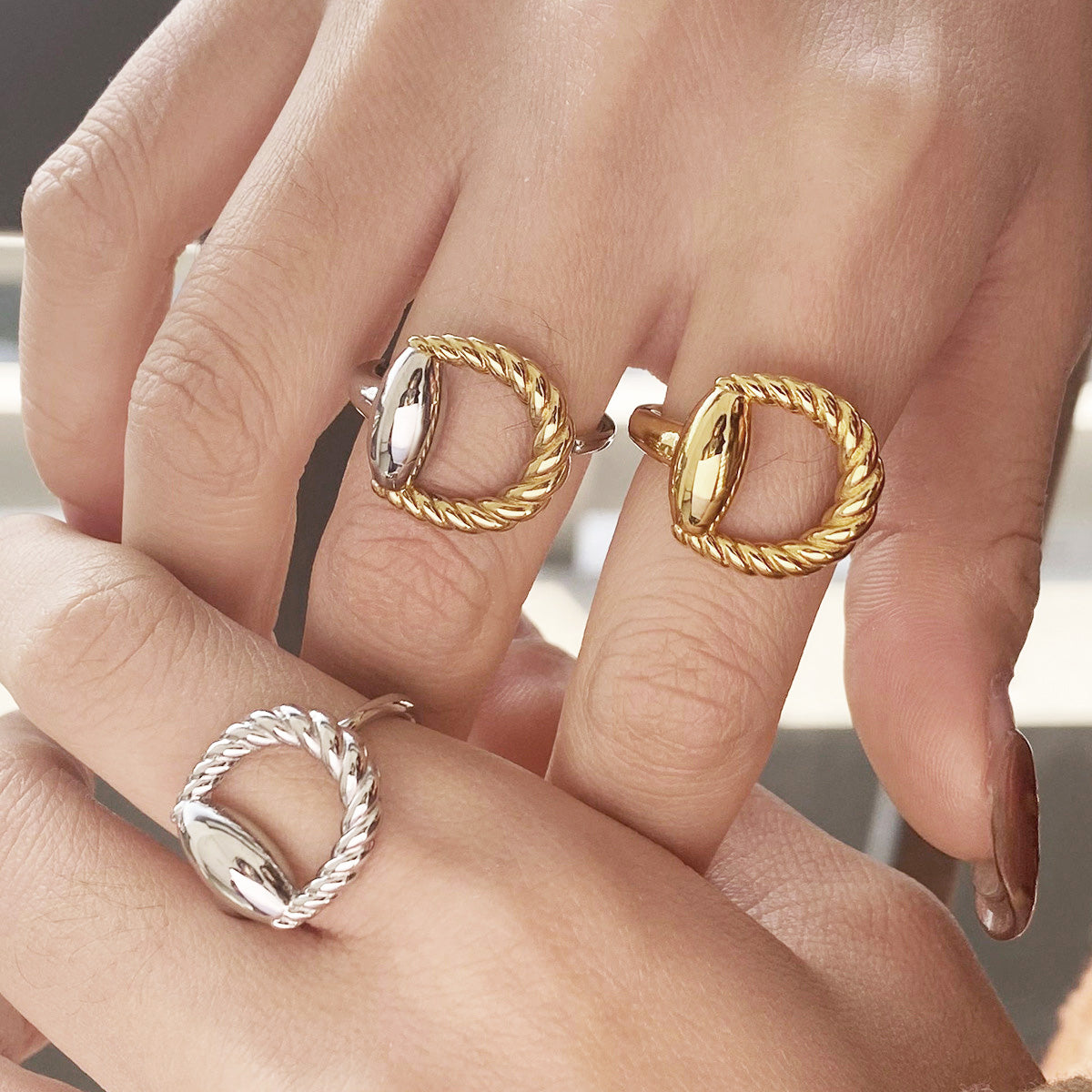 Minimalist stainless steel rings with twisted oval detail, wholesale stainless steel jewelry collection.