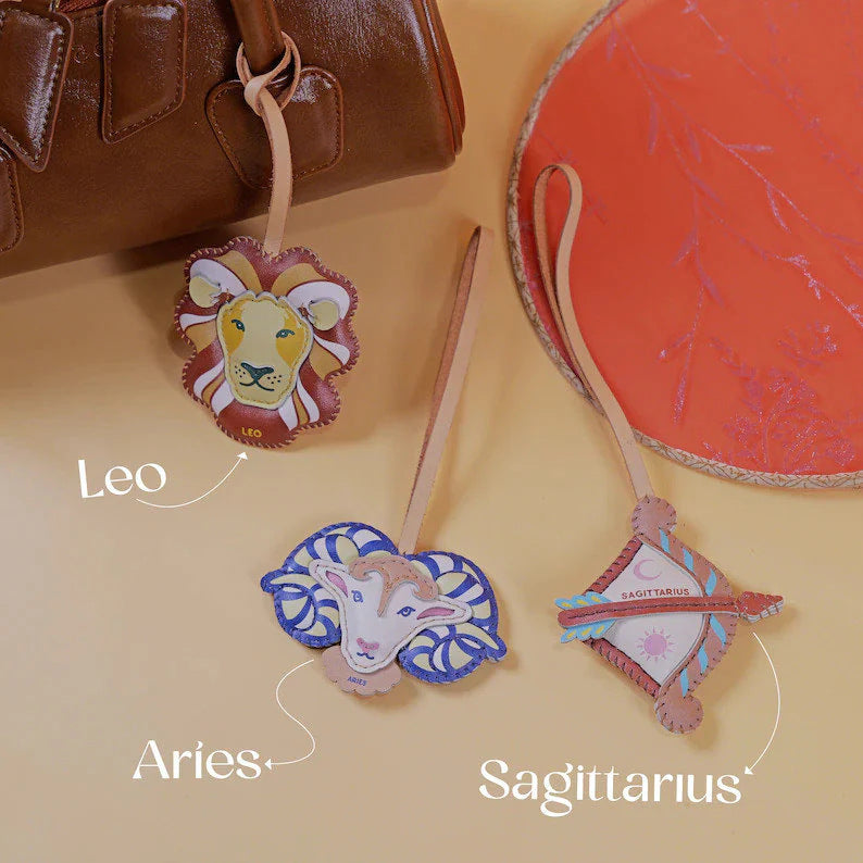Gemini Libra and Aquarius zodiac bag charm wholesale handmade leather keychain set for handbags and fashion accessories wholesale collections