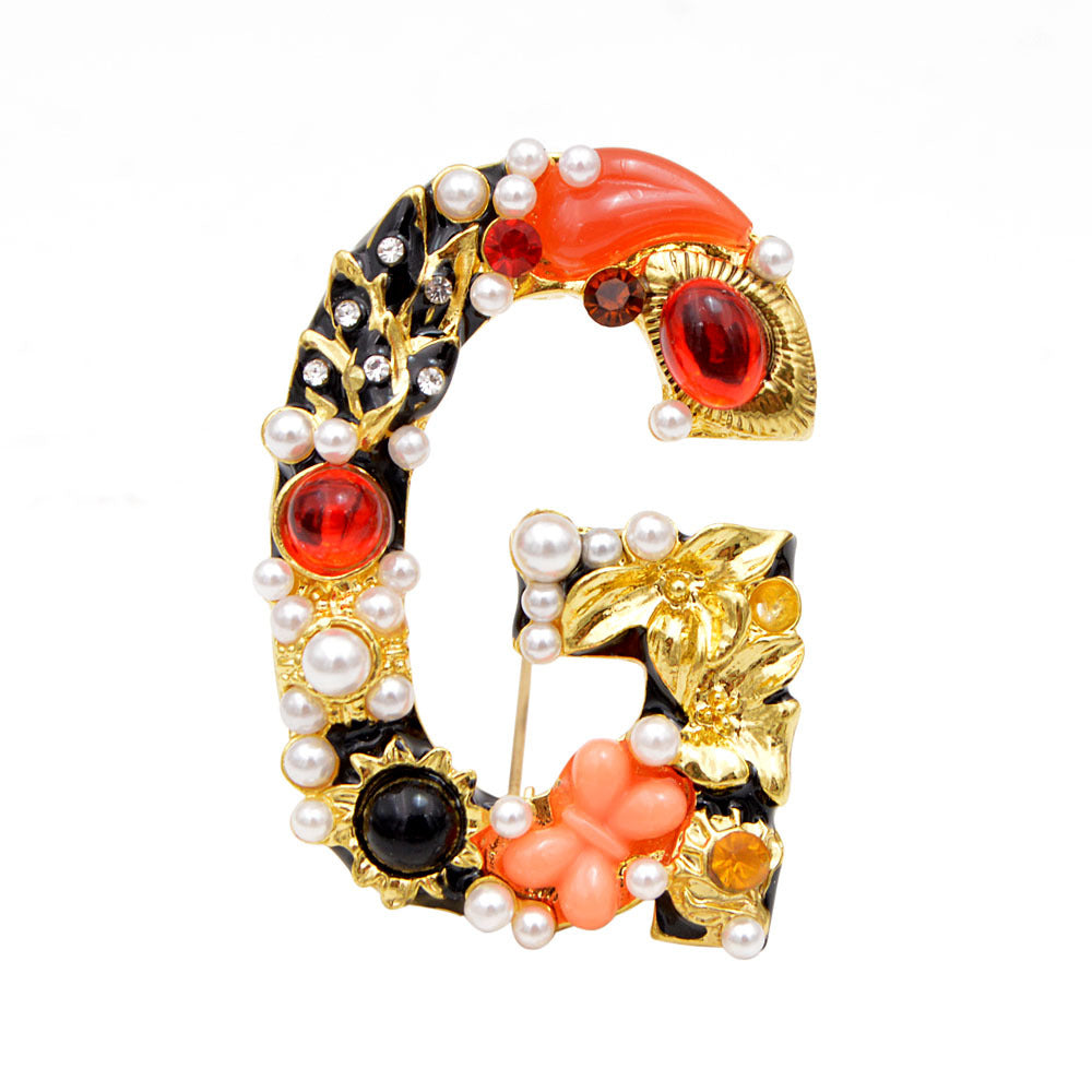 Baroque Letter Brooch – Rhinestone & Pearl Embellished Vintage Initial Pin (5 pcs)