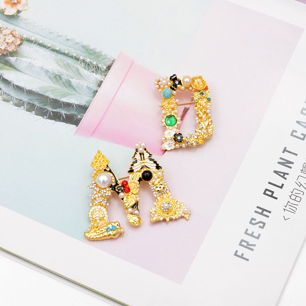 Baroque Letter Brooch – Rhinestone & Pearl Embellished Vintage Initial Pin (5 pcs)