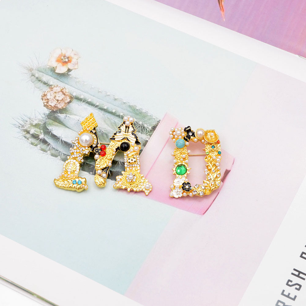 Baroque Letter Brooch – Rhinestone & Pearl Embellished Vintage Initial Pin (5 pcs)