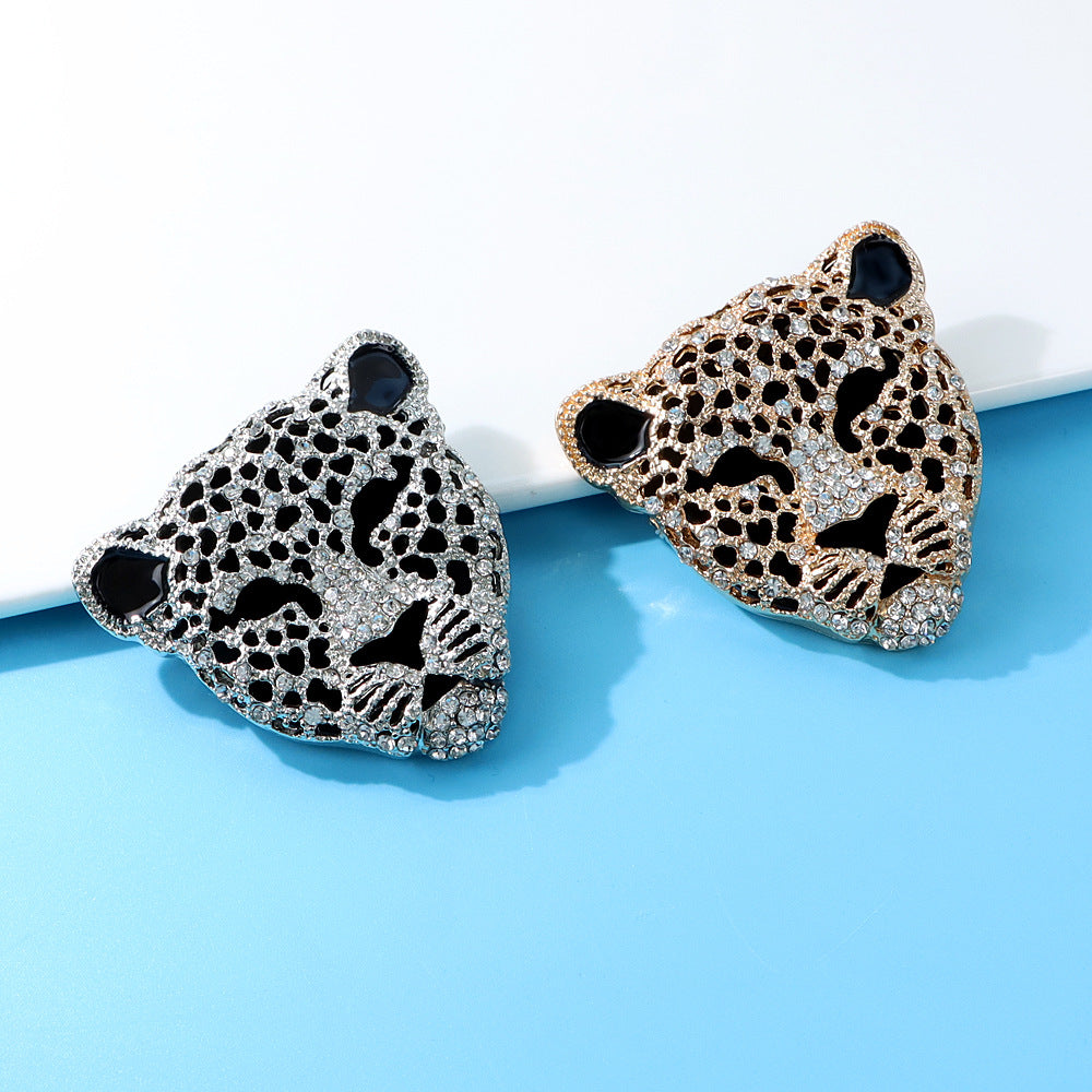 Rhinestone Hollow Leopard Head Brooch – Black Accent Animal Pin (5 pcs)