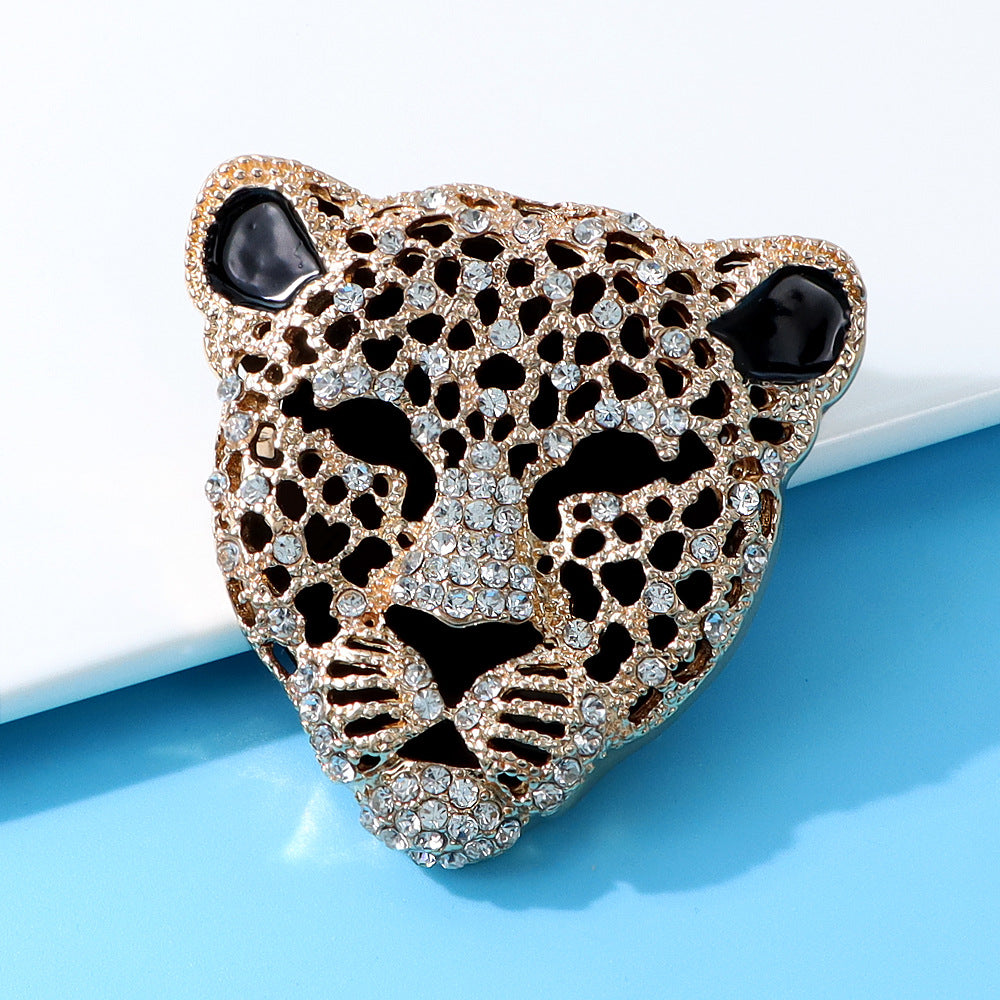 Rhinestone Hollow Leopard Head Brooch – Black Accent Animal Pin (5 pcs)