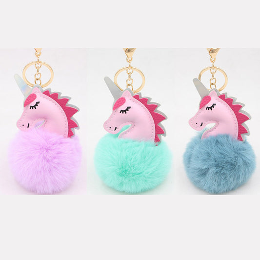 leather unicorn bag charm with pom pom fur ball keychain (5 pcs)