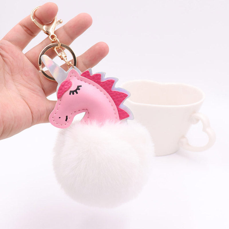 leather unicorn bag charm with pom pom fur ball keychain (5 pcs)