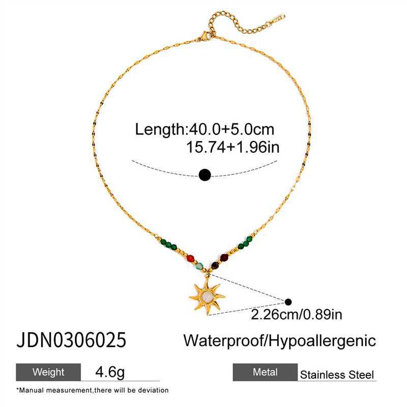 Model wearing colorful beaded sun pendant necklace with layered stainless steel chains for summer wholesale jewelry set
