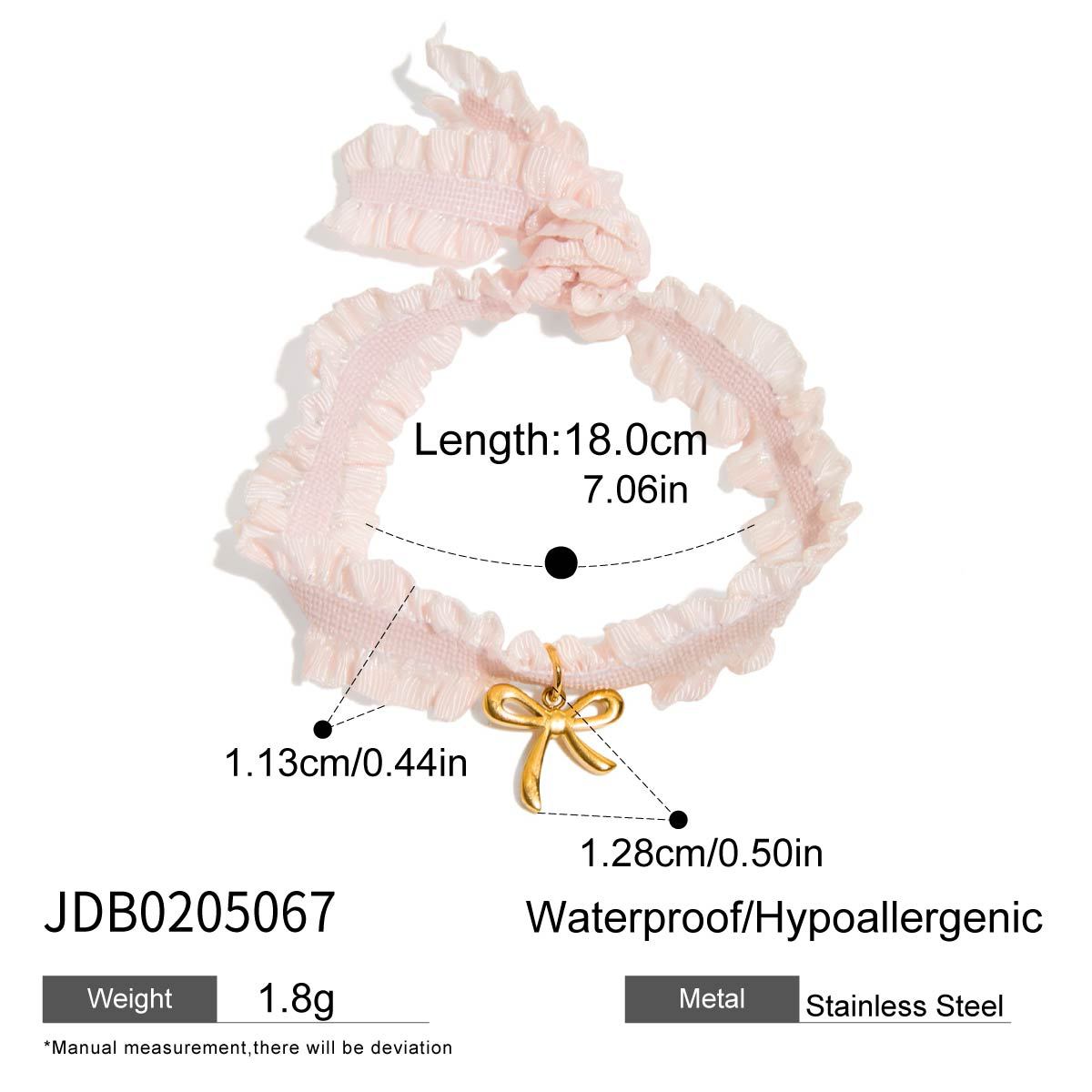 Pink ruffle bow ribbon bracelet with gold stainless steel charm, hypoallergenic and waterproof, perfect for wholesale sales