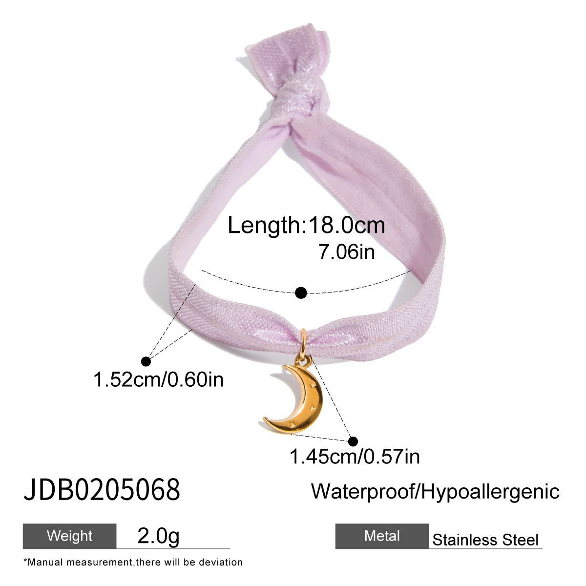 Purple moon charm bracelet with elastic ribbon band, made of waterproof stainless steel, ideal for fashion jewelry wholesalers