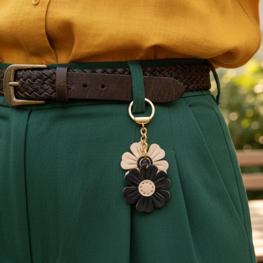 Fashion Accessories Wholesale – Leather Daisy Keychain Styled as Belt Charm or Purse Accessory