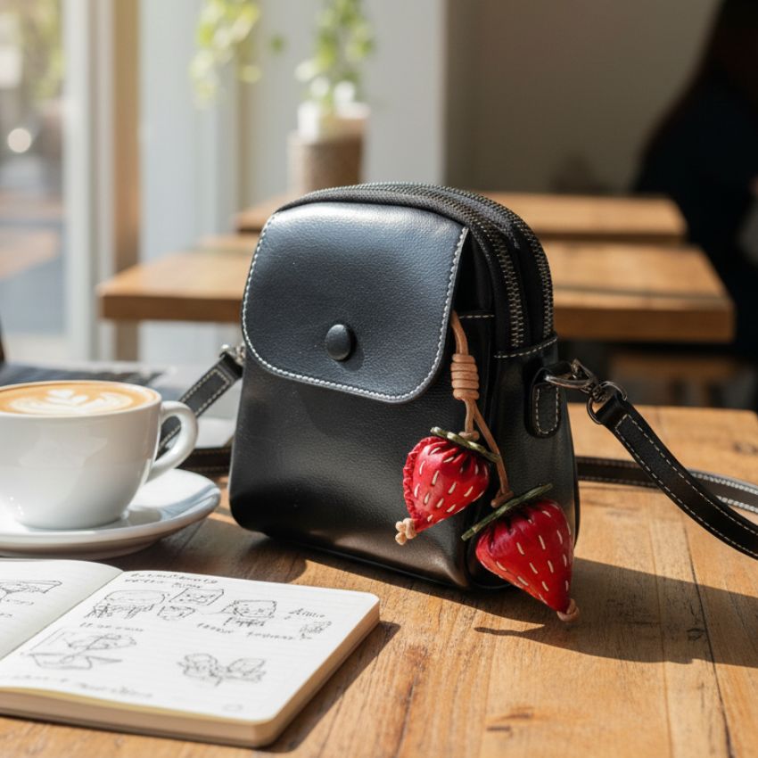 Cute Strawberry Leather Keychain in Red — Bag Charm Wholesale Display for Boutique Handbags