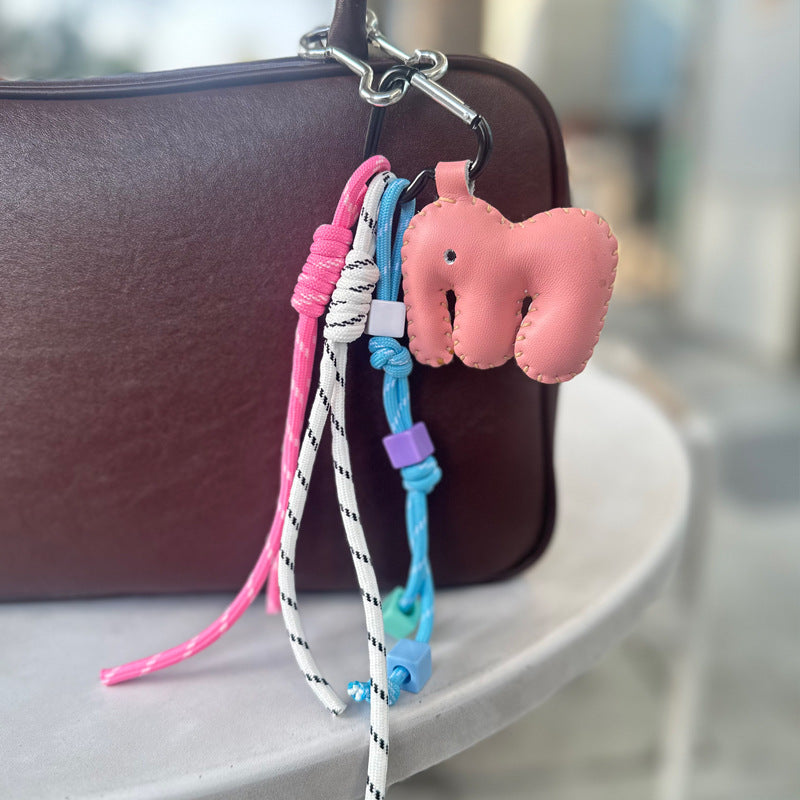 Silver Elephant Leather Bag Charm with White Rope | Handmade Genuine Leather Bag Charm Wholesale