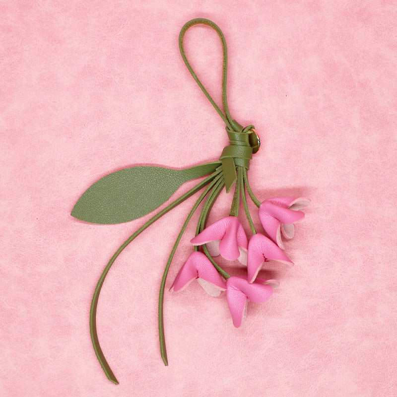 Bright pink PU leather flower bag charm keychain bulk set for women