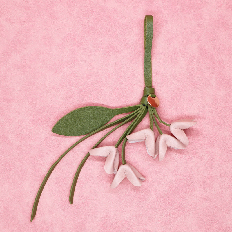 Soft nude pink PU flower charm with green leather strap for bags wholesale