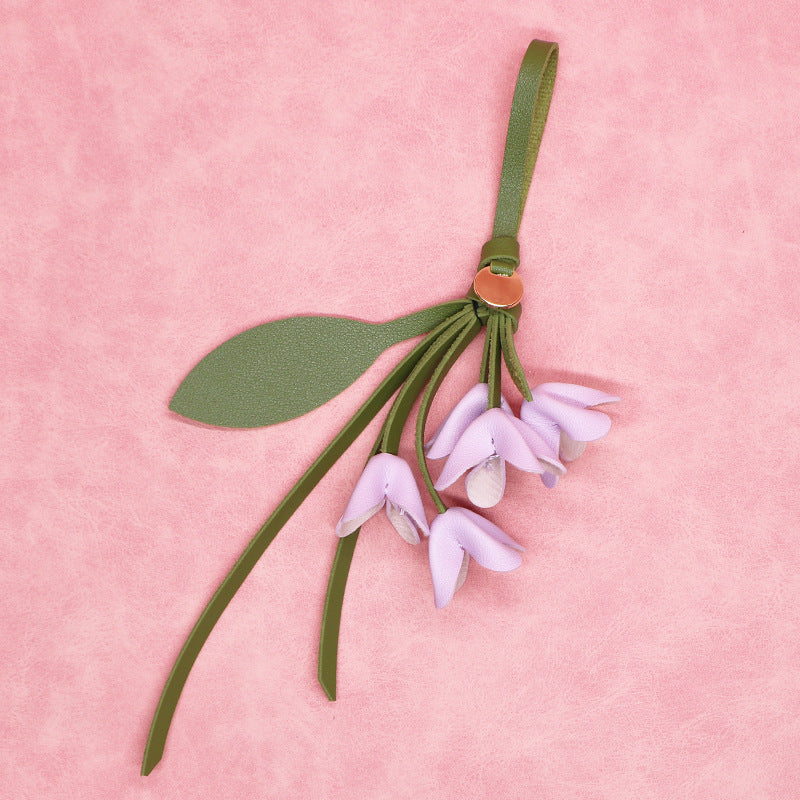 Lavender purple PU flower bag charm with leaf detail for keychain wholesale