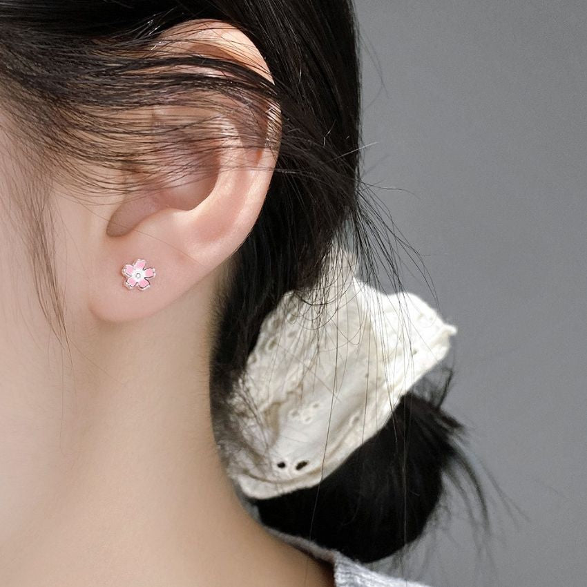 925 Silver Enamel Flower Stud Earrings Cherry Blossom Jewelry Wholesale
