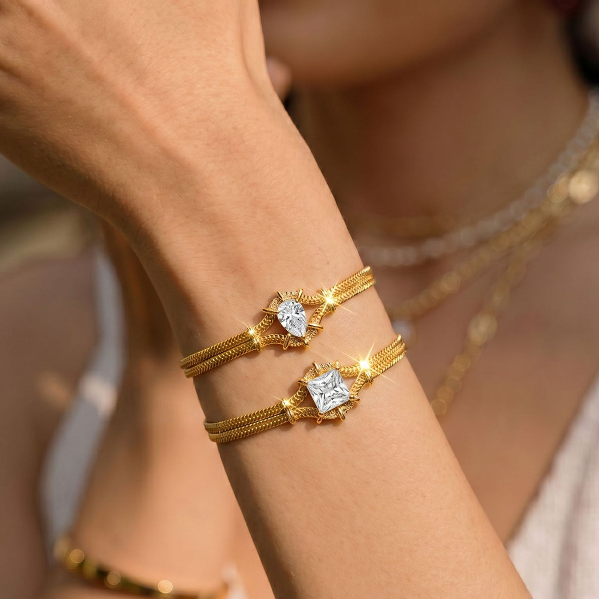 Layered cubic zirconia double snake chain stainless steel bracelet