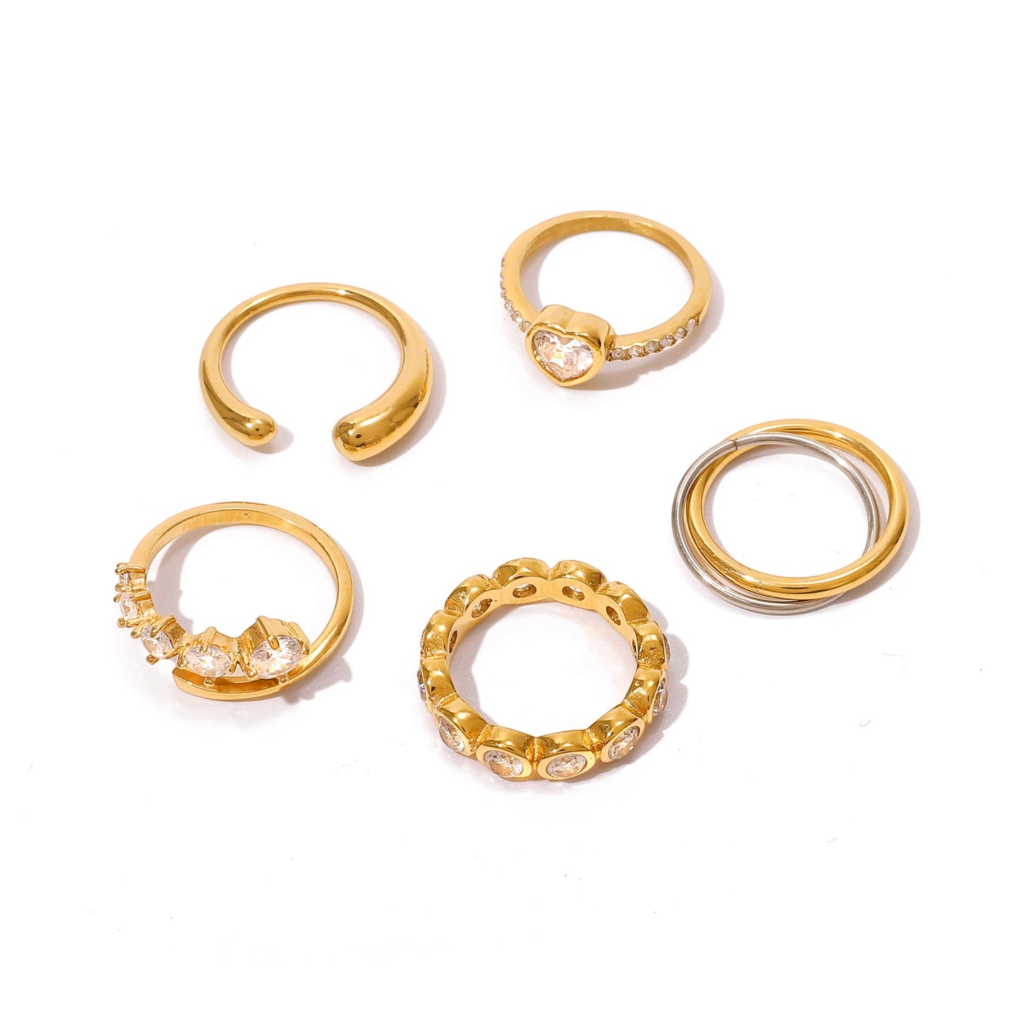 Gold tone heart zircon stainless steel ring set for women wholesale jewelry display