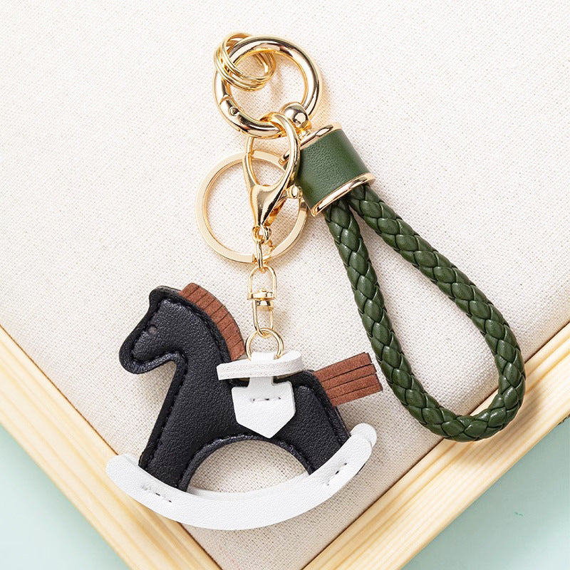 Black Rocking Horse with  Leather Strap Charm Pendant Keychain Accessory